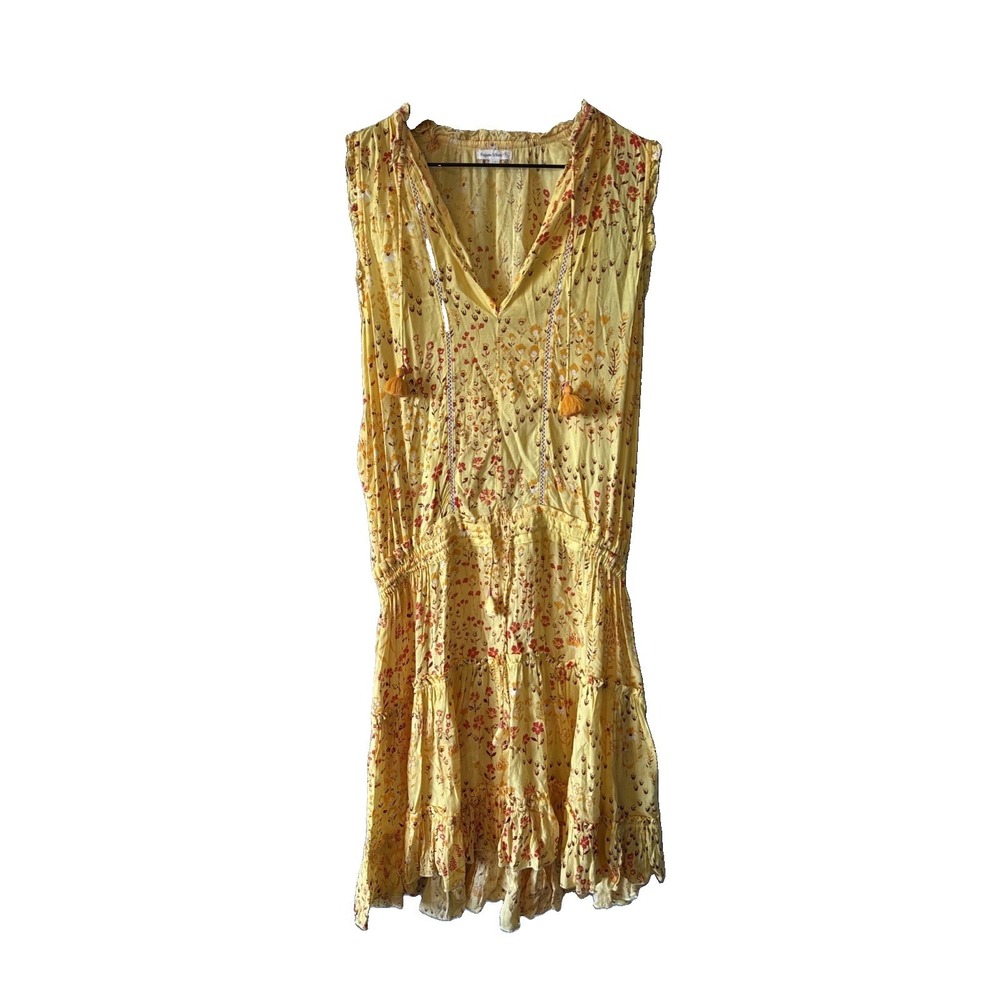 Poupette St Barth Yellow Sleeveless Tie Waist Floral Boho Dress Size Large